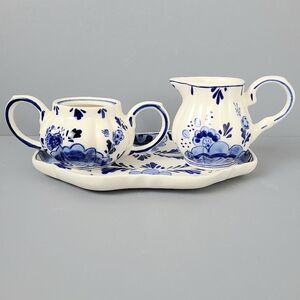 Delftsblauw Blue White Handpainted Vintage Creamer Sugar Tray Set